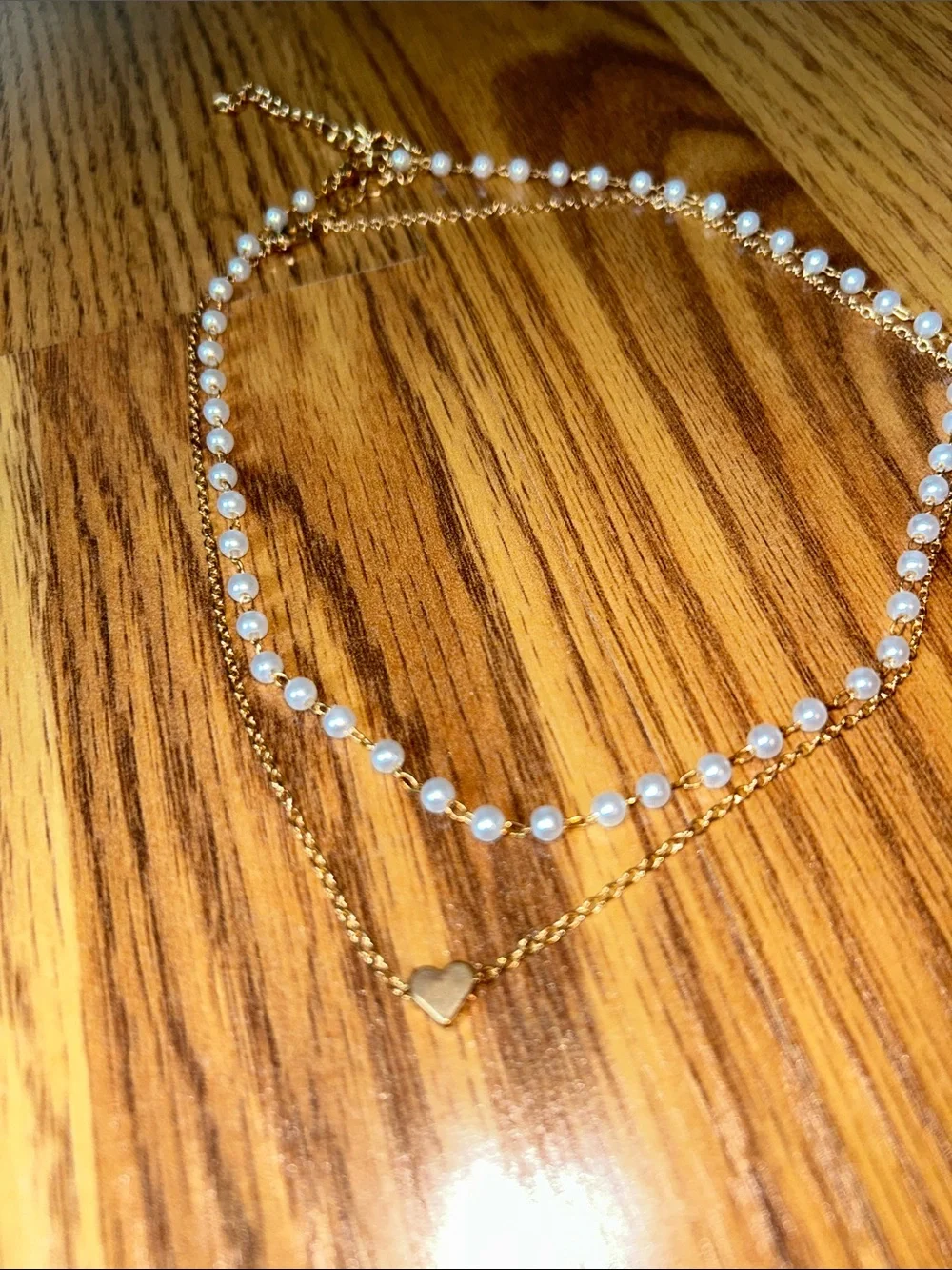 Gold Pearl Layered Necklace with Heart Pendant